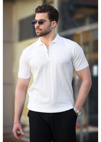Beyaz Polo Yaka Fermuarlı Erkek T-Shirt E7298 fiyatları