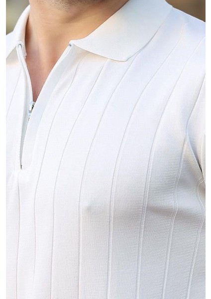 Beyaz Polo Yaka Fermuarlı Erkek T-Shirt E7298 modelleri