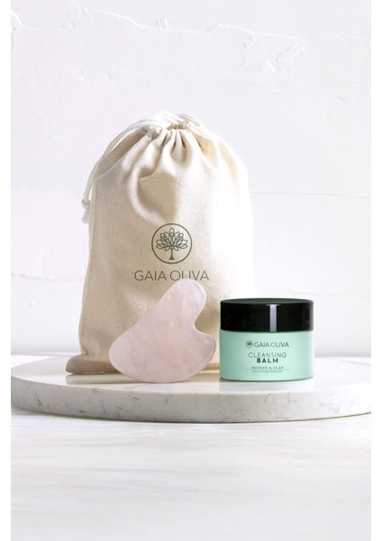 Temizleyici Balm ve Pembe Kuvars Gua Sha Masaj Taşı Seti