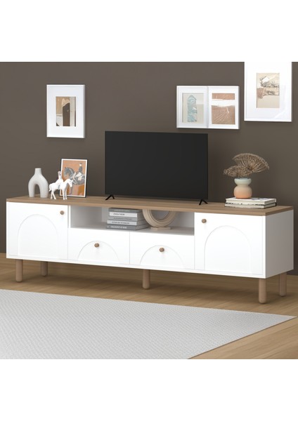 2 Kapak 2 Çekmeceli Bohem Tv Ünitesi - Beyaz / Sepet - 55X44X180 cm