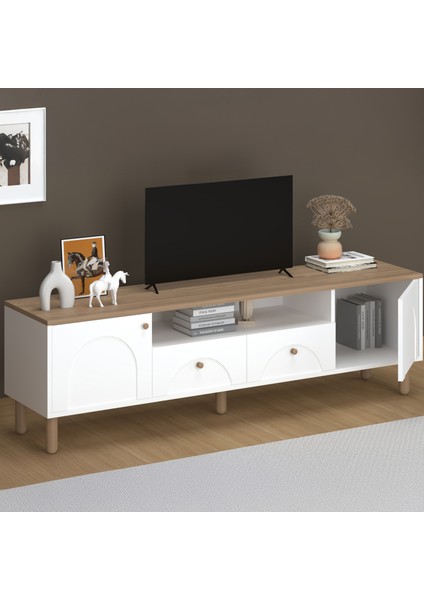 2 Kapak 2 Çekmeceli Bohem Tv Ünitesi - Beyaz / Sepet - 55X44X180 cm