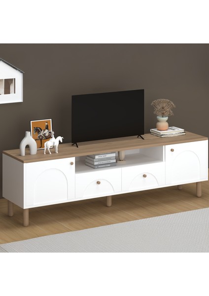 2 Kapak 2 Çekmeceli Bohem Tv Ünitesi - Beyaz / Sepet - 55X44X180 cm