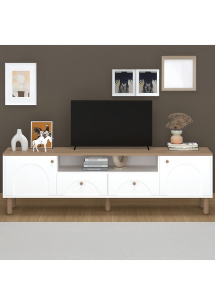 2 Kapak 2 Çekmeceli Bohem Tv Ünitesi - Beyaz / Sepet - 55X44X180 cm