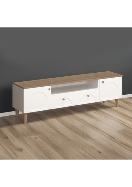 2 Kapak 2 Çekmeceli Bohem Tv Ünitesi - Beyaz / Sepet - 55X44X180 cm