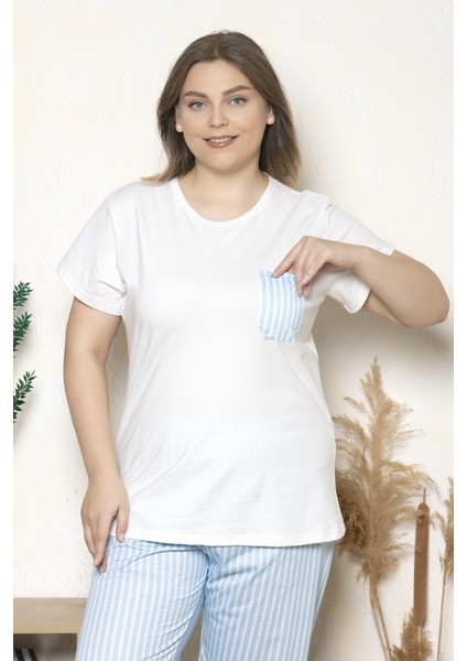 Büyük Beden Mavi Çizgili Kısa Kollu Battal Pijama Takımı B-23