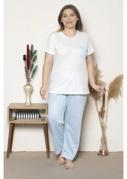 Büyük Beden Mavi Çizgili Kısa Kollu Battal Pijama Takımı B-23 fiyatları