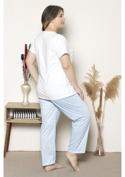 Büyük Beden Mavi Çizgili Kısa Kollu Battal Pijama Takımı B-23 modelleri