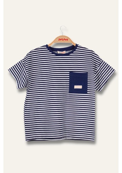 Erkek Çocuk Çizgili Çepli T-Shirt - Lacivert Çizgili