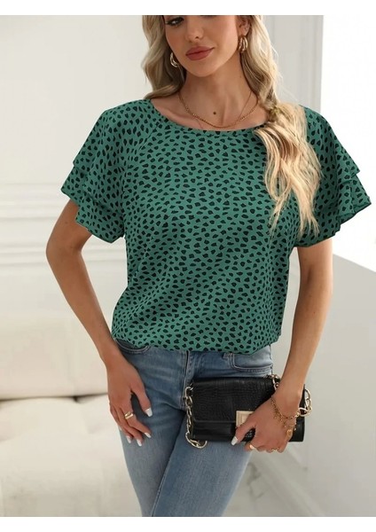 Kadın Kısa Kollu Kolları Volanlı Baskılı Süprem Bluz modelleri