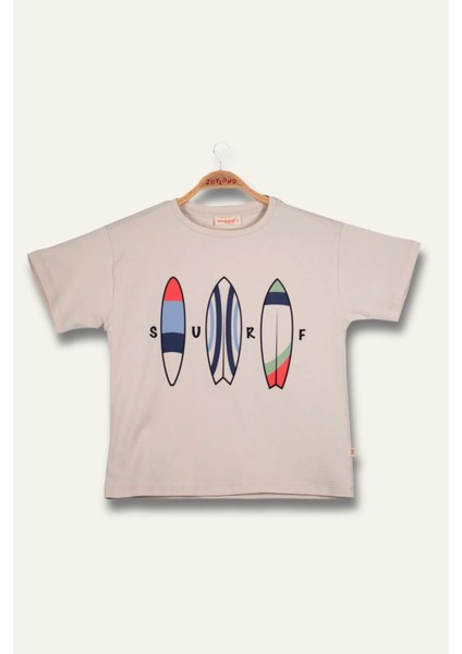 Erkek Çoçuk Sörf Baskılı T-Shirt - Taş Rengi