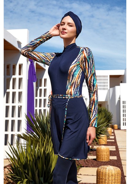 3 Farklı Şekilde Giyilebilir Likralı Etekli Tesettür Mayo Dora 2110 Koyu Lacivert