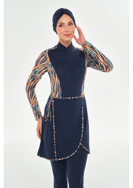 3 Farklı Şekilde Giyilebilir Likralı Etekli Tesettür Mayo Dora 2110 Koyu Lacivert indirimleri