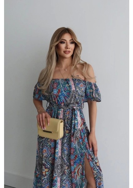 Kadın Kısa Kollu Madonna Yaka Fırfırlı Belden Yırtmaçlı Maksi Süprem Elbise fırsatları