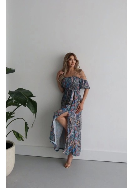 Kadın Kısa Kollu Madonna Yaka Fırfırlı Belden Yırtmaçlı Maksi Süprem Elbise indirimleri