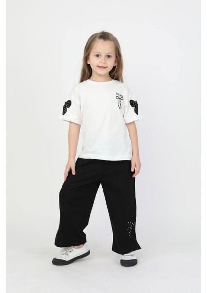 Fiyonk Detaylı Ispanyol Paça Fiyon Işlemeli Nakışlı Fiyonk Basic Alt Üst Kız Çocuk Takım