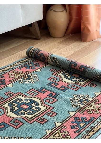 78 x 121 cm Küçük Boy El Dokuma Mavi Pembe Renkli Dekoratif El Dokuma Yün Kilim indirimleri