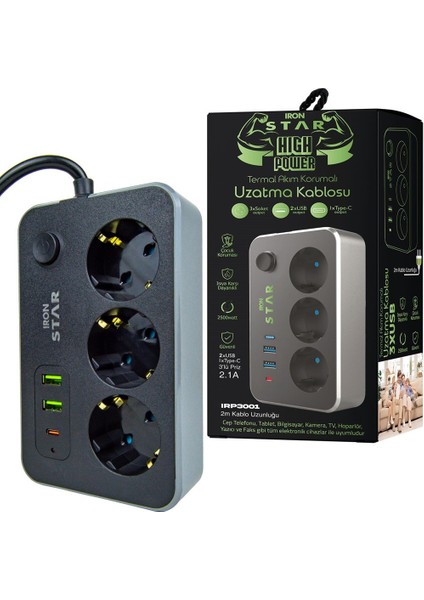 Ironstar IRP3001 2 Metre 3 Adet USB Girişli 3 Metre Kablolu Akım Korumalı Priz