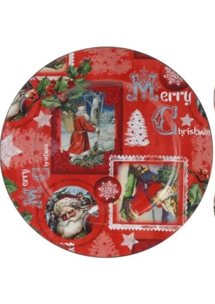 Dekoratif Mutlu Noel Baba Merry Tabak Hediyelik Ø33CM Güzel Baskı Yılbaşı Plastik Kırmızı 1 Adet