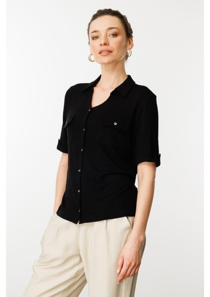 Kadın Göğsü Cepli Penye Gömlek Siyah
