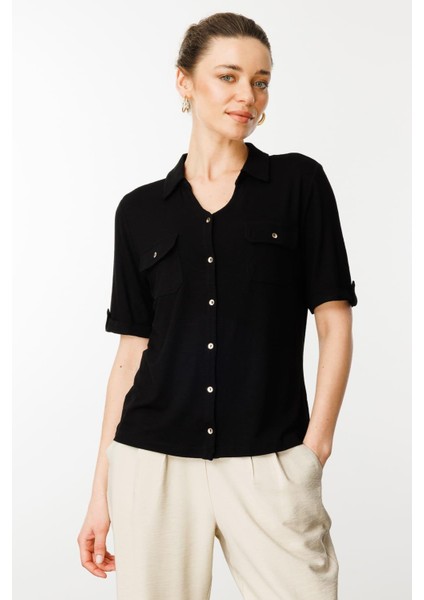 Kadın Göğsü Cepli Penye Gömlek Siyah fiyatları