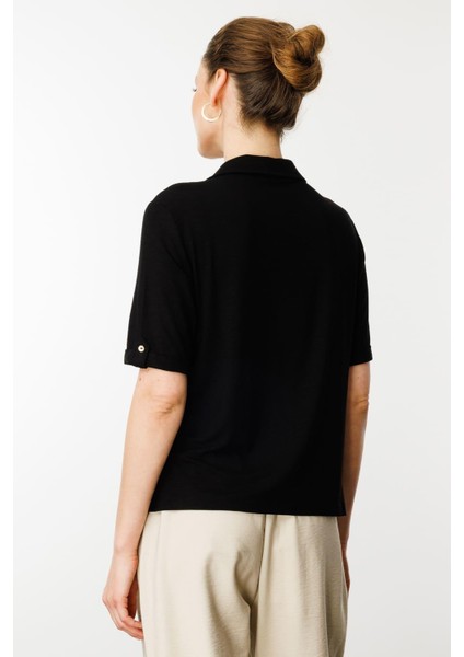 Kadın Göğsü Cepli Penye Gömlek Siyah modelleri