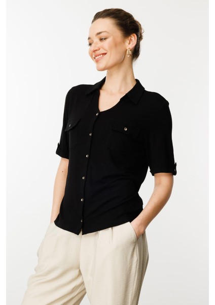 Kadın Göğsü Cepli Penye Gömlek Siyah indirimleri