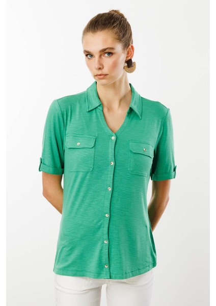 Kadın Göğsü Cepli Penye Gömlek Yeşil fiyatları