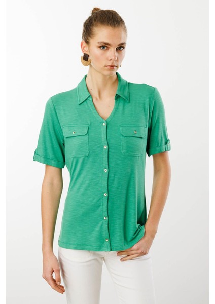 Kadın Göğsü Cepli Penye Gömlek Yeşil fırsatları