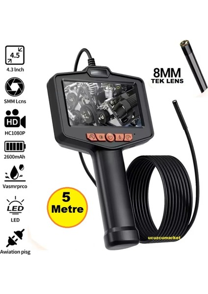 4.3 Inç Ekran 5 Metre Endüstriyel Endoskop Hd Yılan Kamera (Tek Lens 8 LED Işık)