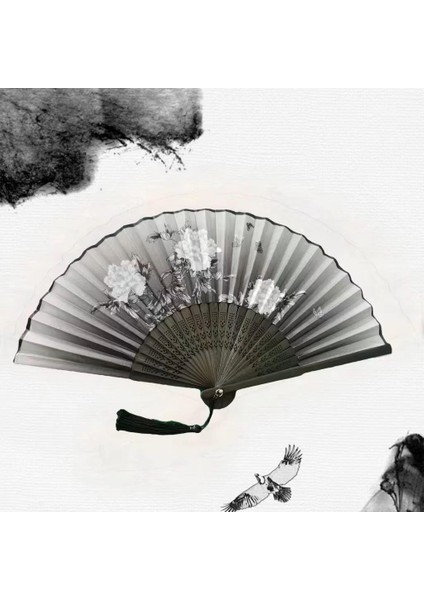 Yelpaze Bambu Serinletici Vintage Siyah Kelebekli Çiçekli Şık Püsküllü Japon Yelpaze 0334