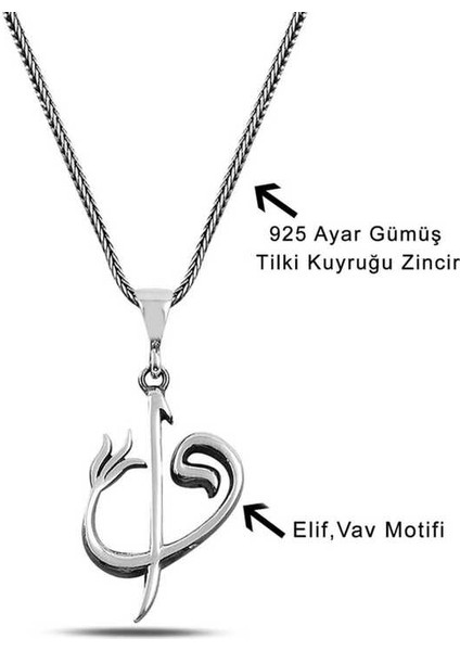Özel Kutu ve Gümüş Bezi Ile ​Gümüş Elif Vav Yazılı Kolye