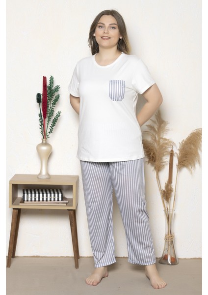 Büyük Beden Gri Çizgili Kısa Kollu Battal Pijama Takımı B-22 fiyatları