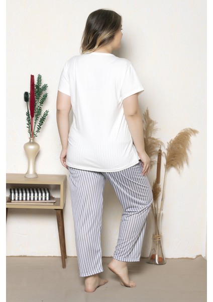 Büyük Beden Gri Çizgili Kısa Kollu Battal Pijama Takımı B-22 fırsatları