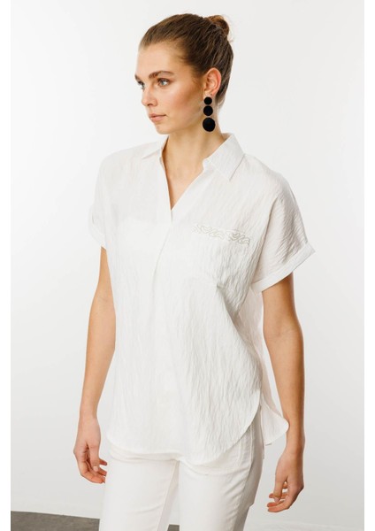 Kadın Polo Yaka Düşük Kol Gömlek Ekru