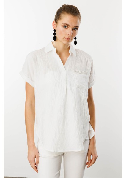 Kadın Polo Yaka Düşük Kol Gömlek Ekru fiyatları