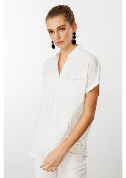 Kadın Polo Yaka Düşük Kol Gömlek Ekru modelleri