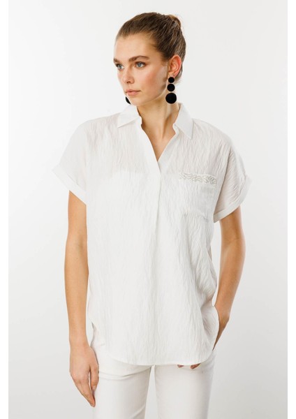 Kadın Polo Yaka Düşük Kol Gömlek Ekru indirimleri