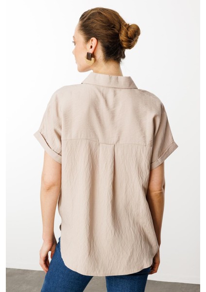 Kadın Polo Yaka Düşük Kol Gömlek Vizon modelleri