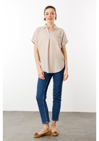 Kadın Polo Yaka Düşük Kol Gömlek Vizon fırsatları