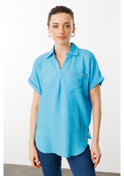Kadın Polo Yaka Düşük Kol Gömlek Mavi fiyatları