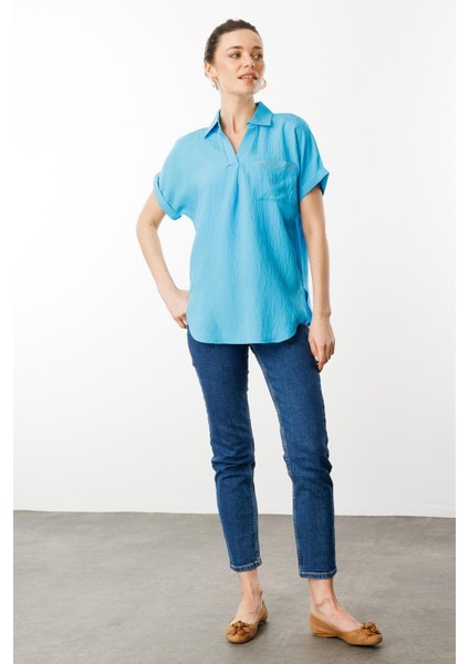 Kadın Polo Yaka Düşük Kol Gömlek Mavi fırsatları