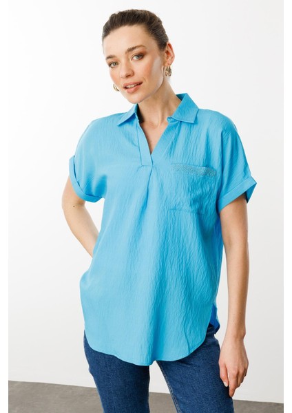 Kadın Polo Yaka Düşük Kol Gömlek Mavi