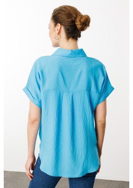 Kadın Polo Yaka Düşük Kol Gömlek Mavi modelleri