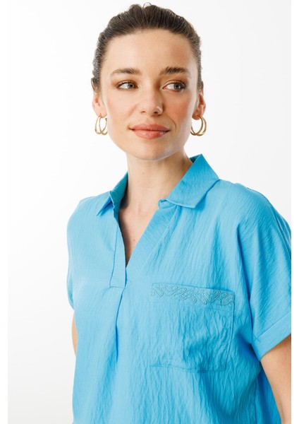 Kadın Polo Yaka Düşük Kol Gömlek Mavi indirimleri