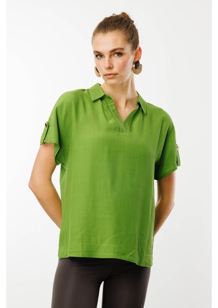 Kadın Polo Yaka Düşük Kollu Gömlek Yeşil
