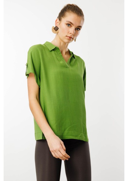 Kadın Polo Yaka Düşük Kollu Gömlek Yeşil fiyatları