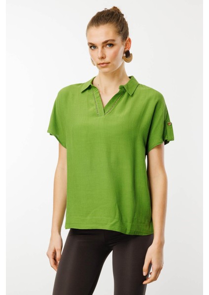 Kadın Polo Yaka Düşük Kollu Gömlek Yeşil modelleri