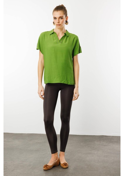 Kadın Polo Yaka Düşük Kollu Gömlek Yeşil indirimleri