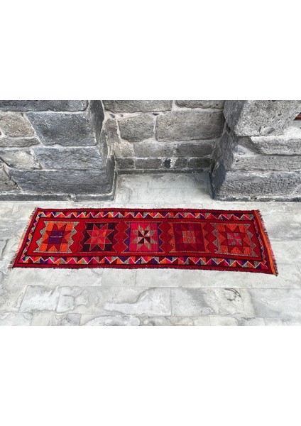 92 x 330 cm Kırmızı Renkli El Dokuma Tribal Desenli Yıkanabilir Uzun Türk Yolluk fiyatları