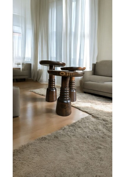 Wood Ahşap 3’lü Set Fitilli Mantar Yan Sehpa Boğumlu Model / Ceviz Renk / Zigon Sehpa Vernikli